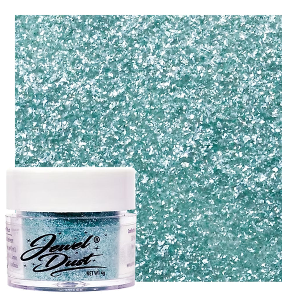 Aqua Jewel Dust edible glitter jar with blue-green sparkle swatch for cakes, cookies, drinks, and desserts.