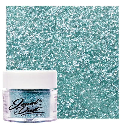 Aqua Jewel Dust edible glitter jar with blue-green sparkle swatch for cakes, cookies, drinks, and desserts.