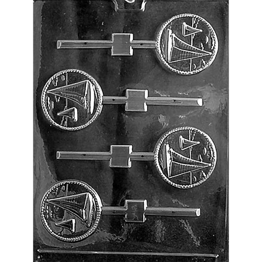 Clear plastic sailboat chocolate lollipop mold with four 2 1/4-inch round cavities featuring detailed sailboats and rope-style borders.