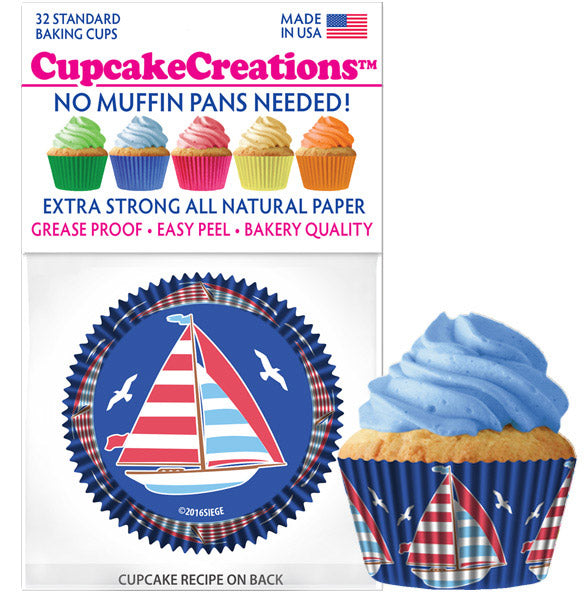 Pack of CupcakeCreations baking cups with sailboat design, featuring a cupcake topped with blue frosting.