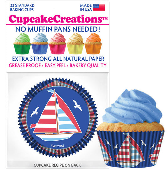 Pack of CupcakeCreations baking cups with sailboat design, featuring a cupcake topped with blue frosting.