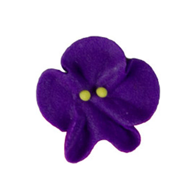 Small purple royal icing violet cake decorations with three petals and yellow center dots, measuring 3/4 inch, part of a 36-pack set