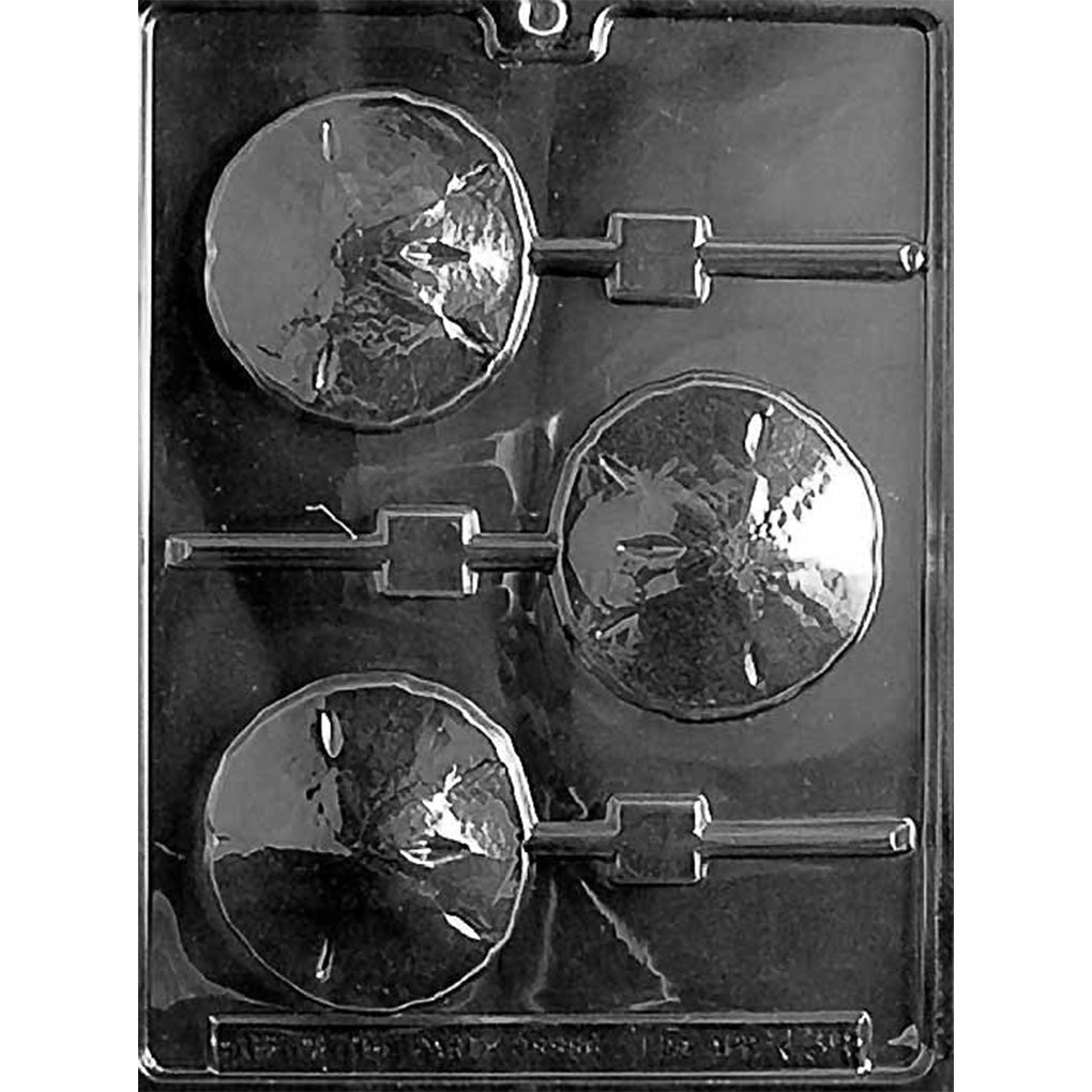 Clear plastic chocolate lollipop mold with three large round sand dollar cavities, each featuring the classic five-petal sand dollar pattern and a stick channel.