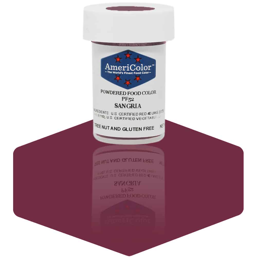 AmeriColor Sangria powdered food coloring 3 gram jar with deep wine-colored powder for elegant cake accents.