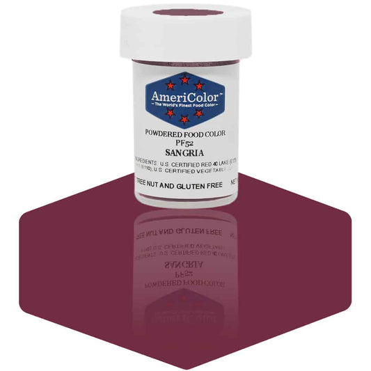 AmeriColor Sangria powdered food coloring 3 gram jar with deep wine-colored powder for elegant cake accents.