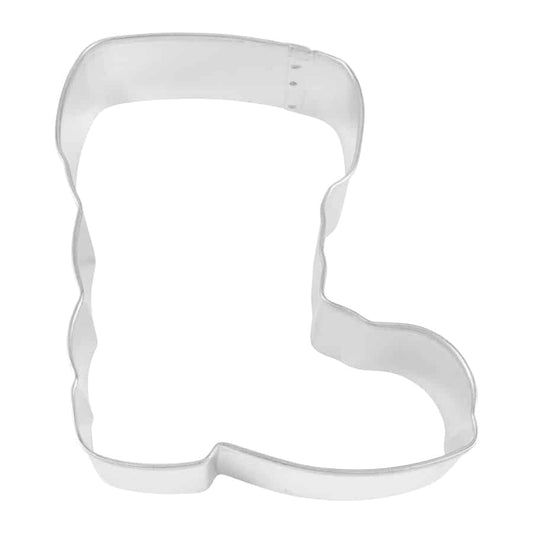 Santa Boot-shaped metal cookie cutter viewed from the top, showing its festive silhouette.