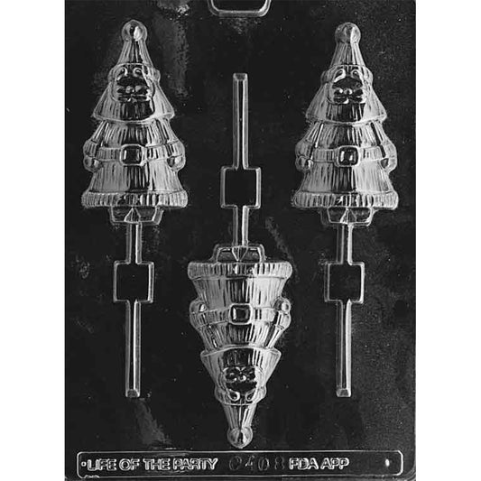 Clear plastic chocolate lollipop mold with three cavities shaped like a Santa dressed as a Christmas tree.