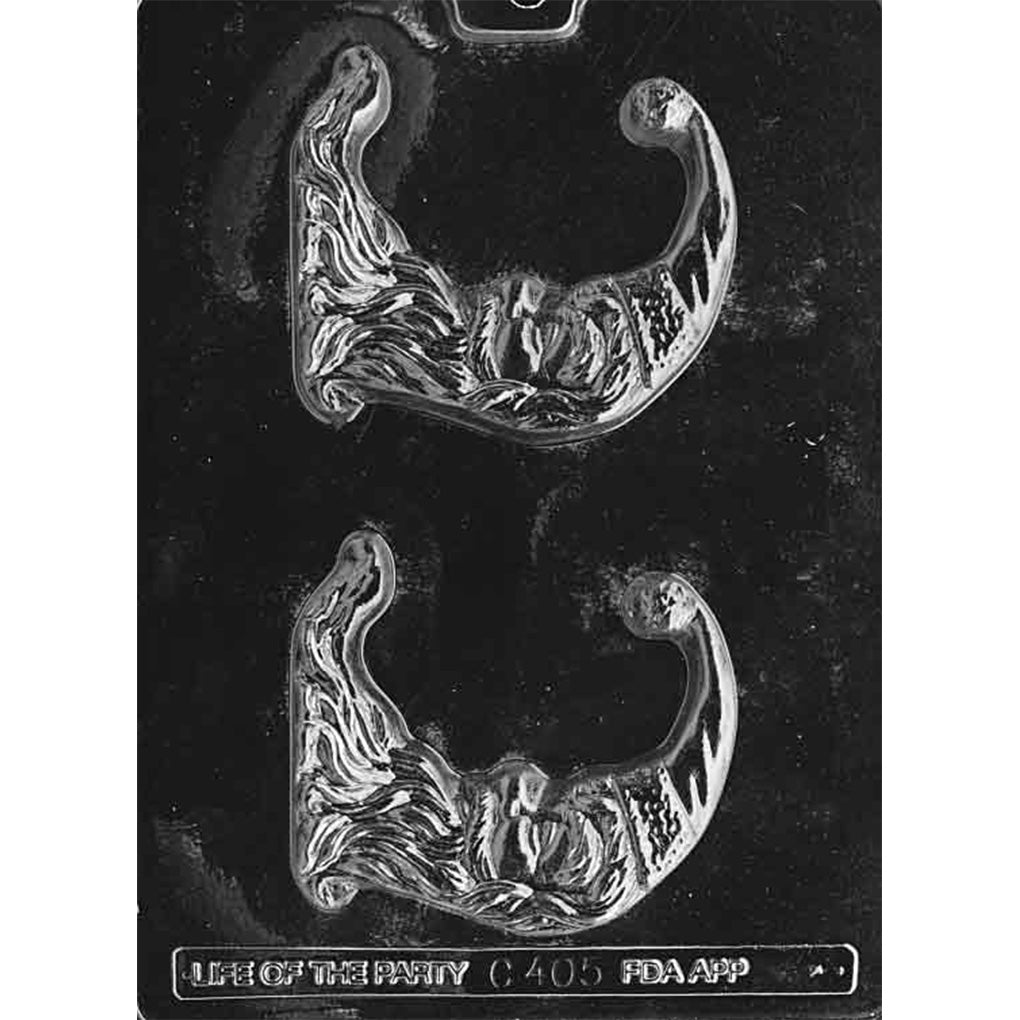 Black chocolate mold tray with two clear half-moon Santa cavities featuring detailed faces, flowing beards, and tall curved hats.