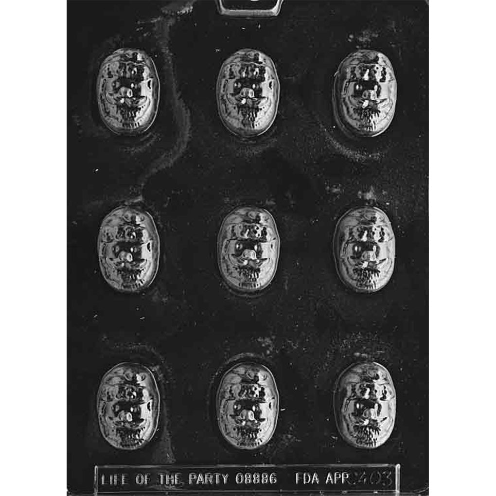 Santa face bonbon chocolate mold with nine 1 1/8 x 1 5/8 x 3/4-inch-deep cavities featuring detailed hats, faces, mustaches, and beards