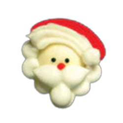 Small Santa face royal icing decoration with red hat, white beard, and hand-piped details on black background.