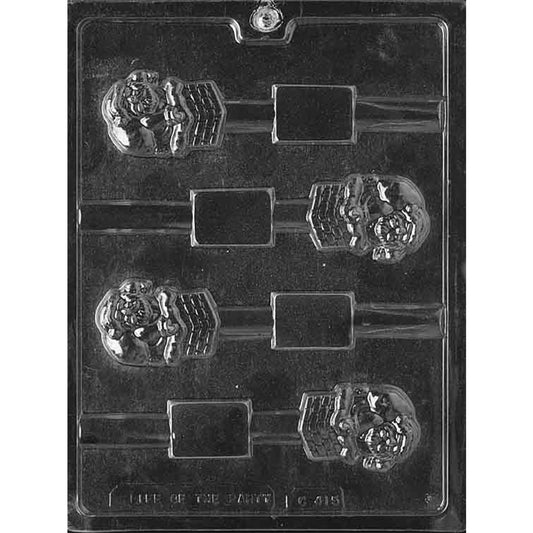Clear plastic Santa in Chimney Pretzel Rod Chocolate Mold with four Santa and brick chimney cavities and wide pretzel rod channels