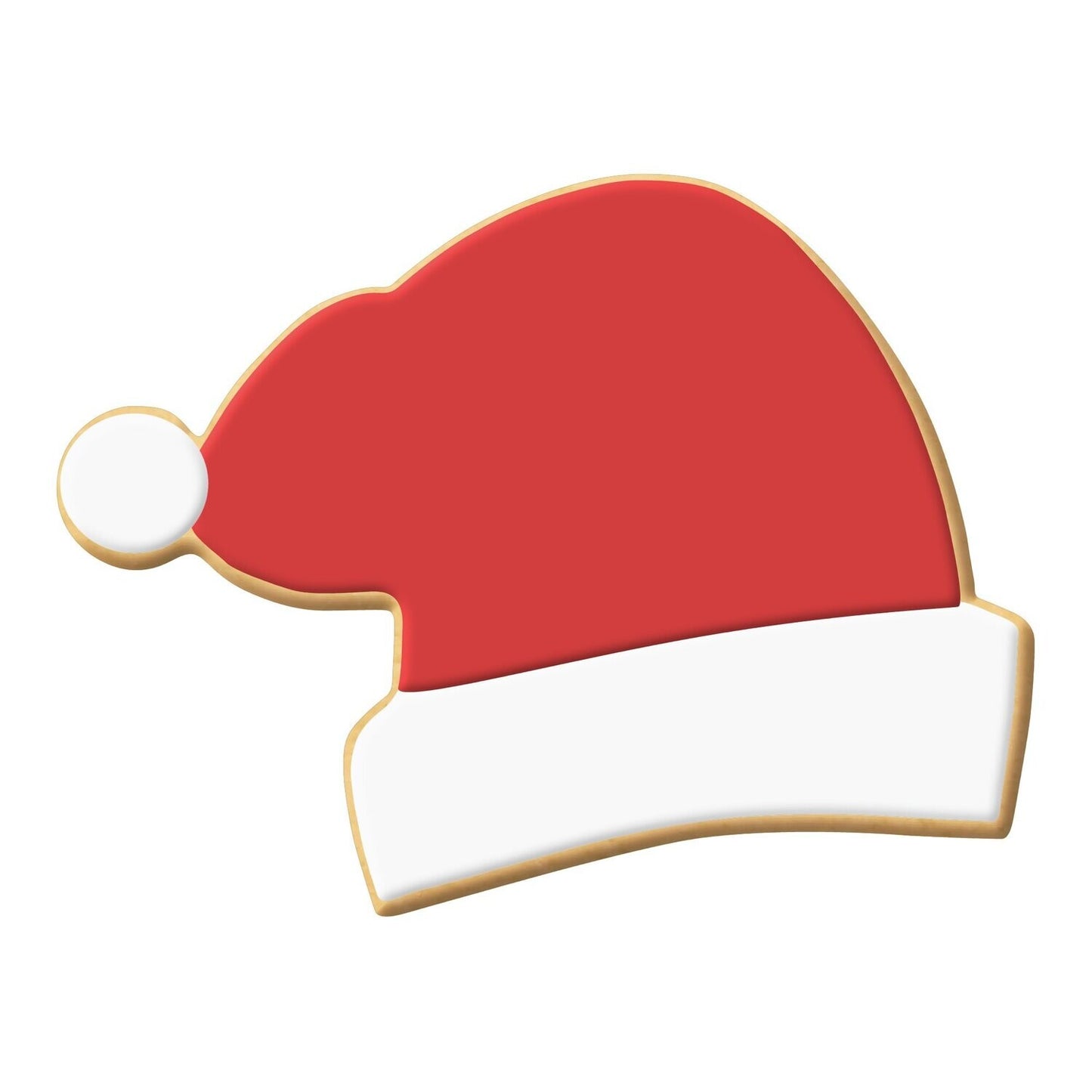 Decorated Santa hat cookie with red top and white trim, shaped like a classic Santa hat with a pom-pom.