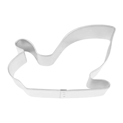 Metal Santa's sleigh-shaped cookie cutter with a curved front and a smooth base.