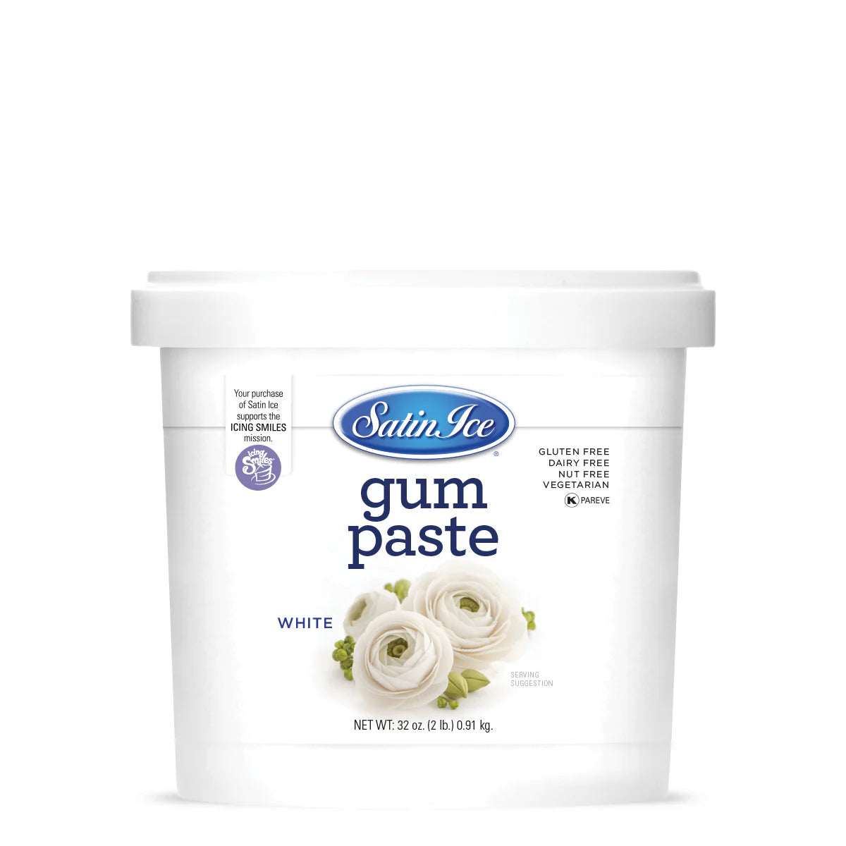 Satin Ice white gum paste container on a white background