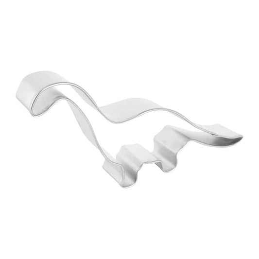 Metal brontosaurus cookie cutter displayed at an angle.