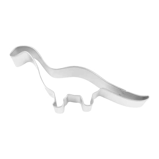 Metal brontosaurus-shaped cookie cutter, 6 inches long, shown from the side.