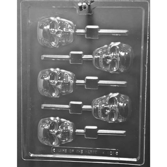 Clear plastic scary skull chocolate lollipop mold with five deep skull cavities and built-in stick channels