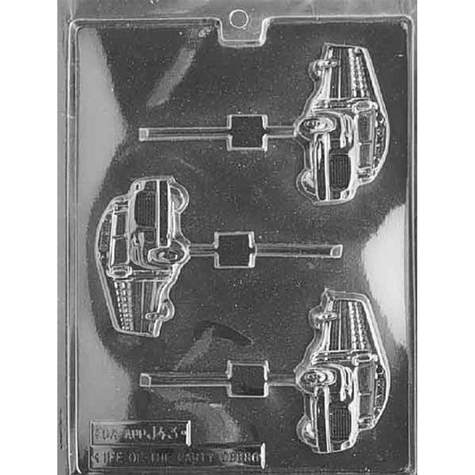 Clear chocolate lollipop mold with three school bus-shaped cavities featuring side-view buses with windows, wheels, and straight stick channels.