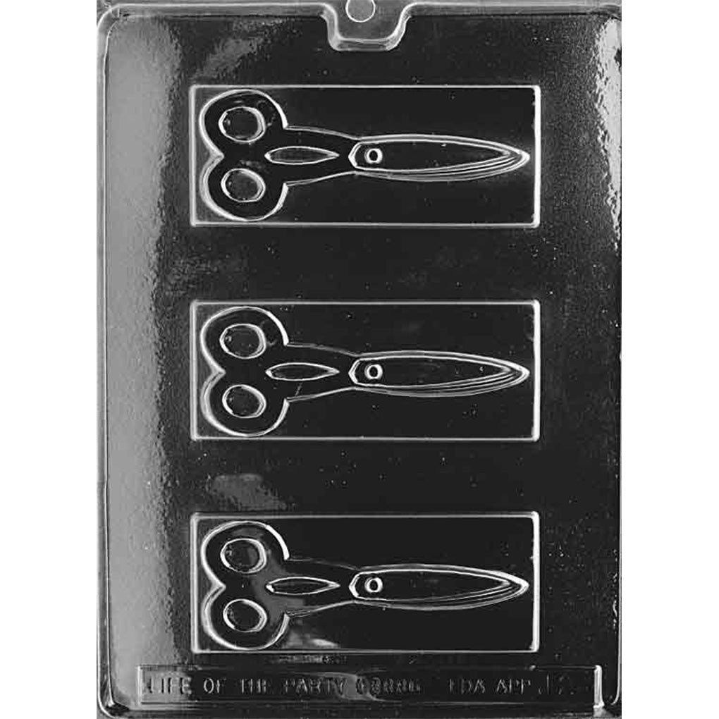 Clear plastic chocolate mold with three rectangular bar cavities, each featuring a raised scissors design centered inside the rectangle.
