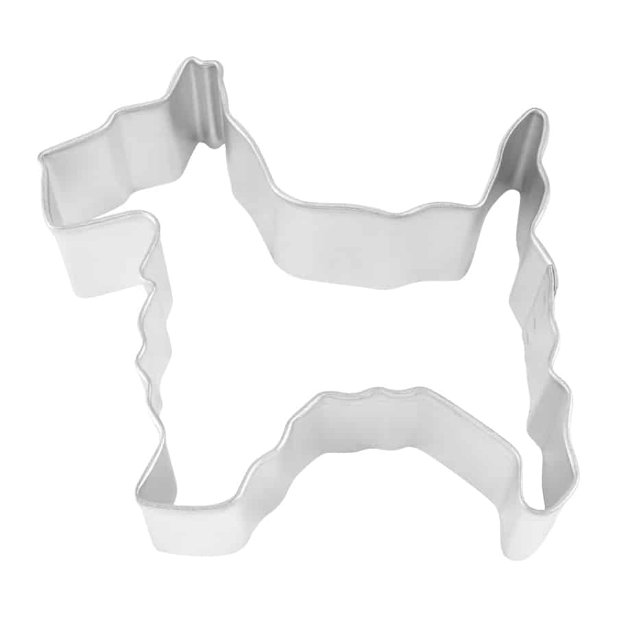  Top-down view of a Scottie Dog cookie cutter, showing its detailed shape with pointed ears and a sturdy frame.