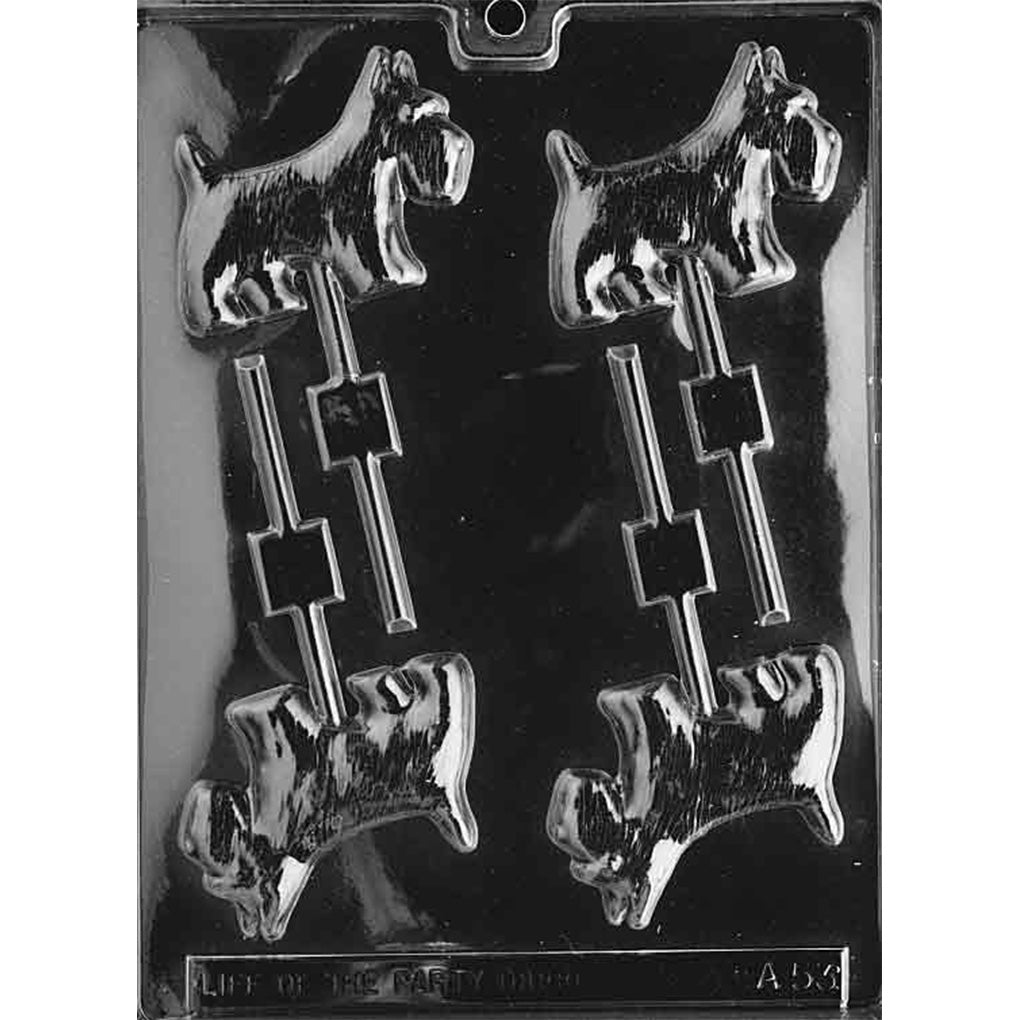 Clear four-cavity Scotty Dog Chocolate Lollipop Mold with Scottish Terrier profiles, textured coats, upright ears, and stick channels