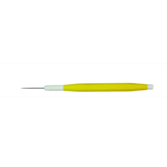 Yellow-handled scriber needle modeling tool with a slim stainless steel point and white end caps, shown horizontally on a white background.