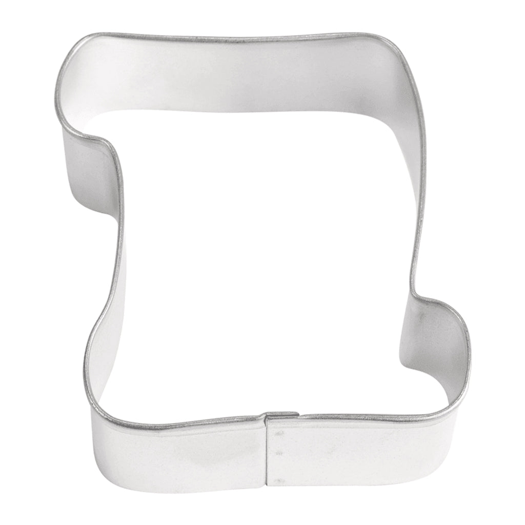 Top-down view of a scroll-shaped cookie cutter with a curved, parchment-like design.