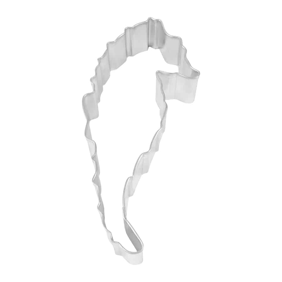 Seahorse-shaped cookie cutter with a wavy, detailed design, measuring 5 inches tall.