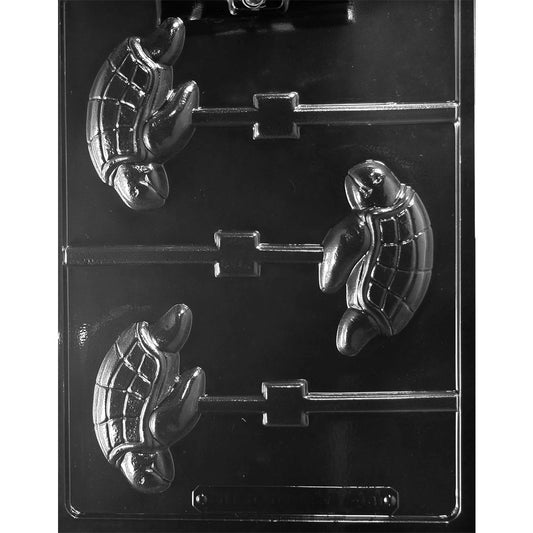 Clear Sea Turtle Chocolate Lollipop Mold with three turtle cavities featuring rounded shells, outstretched flippers, and stick slots
