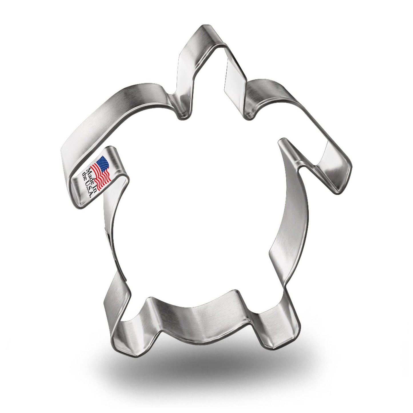 Sea turtle-shaped tin cookie cutter with sharp edges and silver finish, made in the USA.