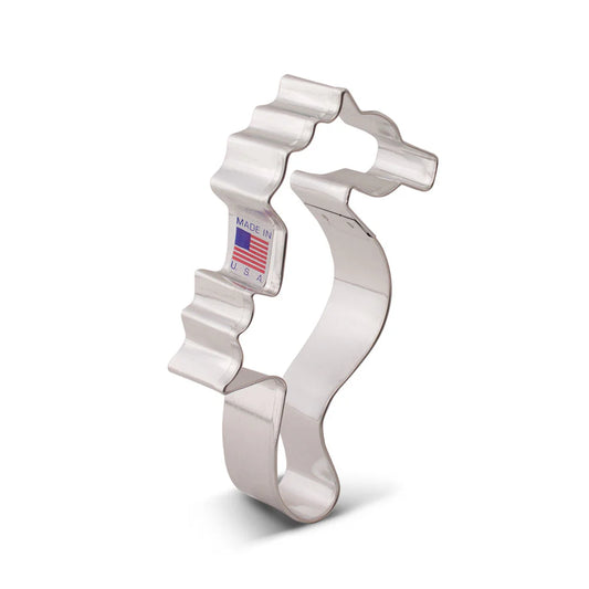 Seahorse Cookie Cutter made of metal, featuring a detailed wavy design with a curved tail.