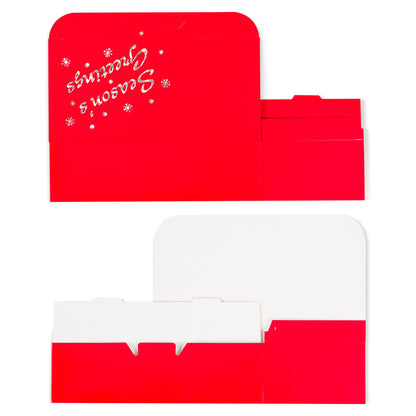 Unassembled red-and-white one-piece candy box shown flat, with Seasons Greetings text and snowflake accents on the lid panel.