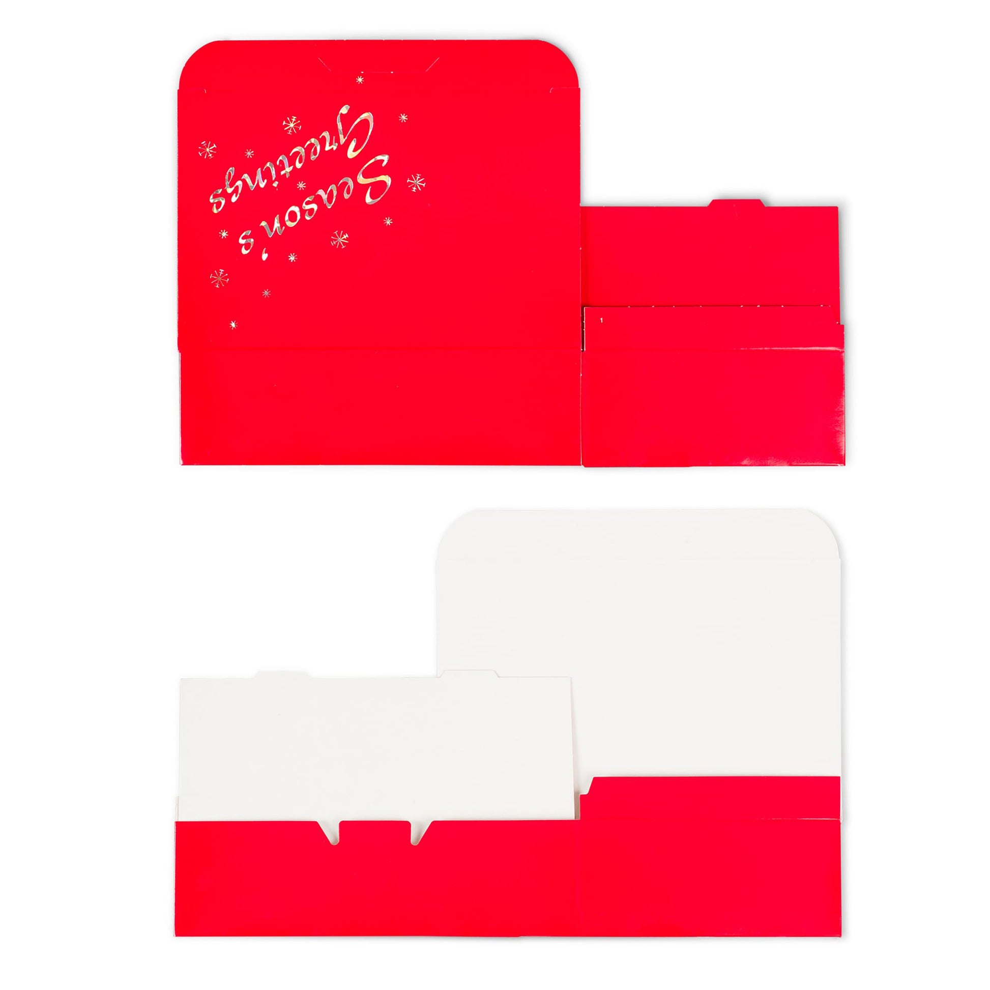 Unassembled red Season’s Greetings candy box shown flat with white interior panels, featuring the Season’s Greetings text and small snowflake accents on the lid section.