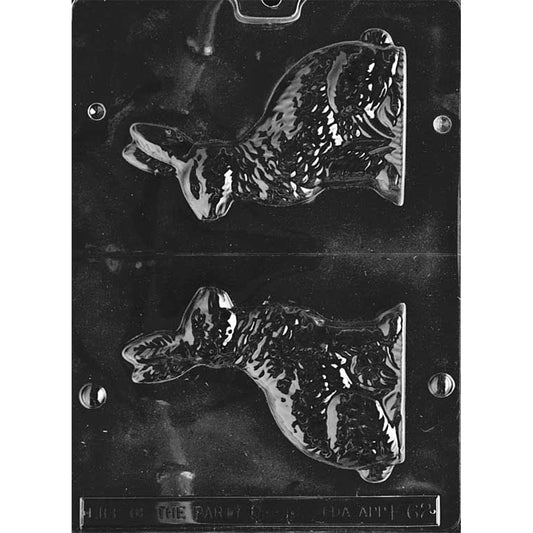 Clear plastic medium sitting bunny 3D chocolate mold with a vertical center cut line, showing matching bunny halves with raised fur texture for casting and joining a hollow bunny.
