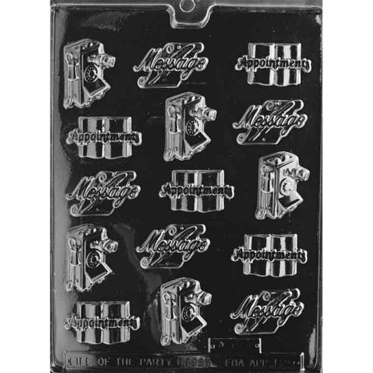 Clear Secretarial Mints Chocolate Mold photographed against a black background with 15 cavities featuring old-fashioned wall telephones, “Message” notes with quills, and “Appointments” book designs.