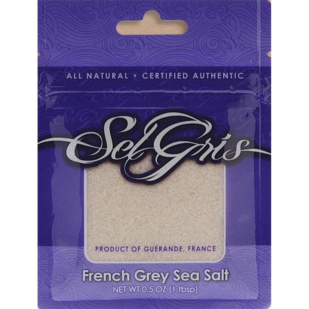 Sel Gris French Grey Sea Salt pouch with purple patterned background and clear window, labeled “Product of Guérande, France,” shown front-facing.