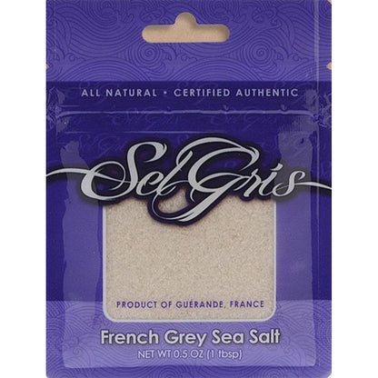 Sel Gris French Grey Sea Salt pouch with purple patterned background and clear window, labeled “Product of Guérande, France,” shown front-facing.