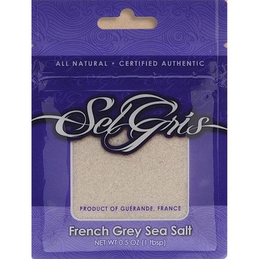 Sel Gris French Grey Sea Salt pouch with purple patterned background and clear window, labeled “Product of Guérande, France,” shown front-facing.