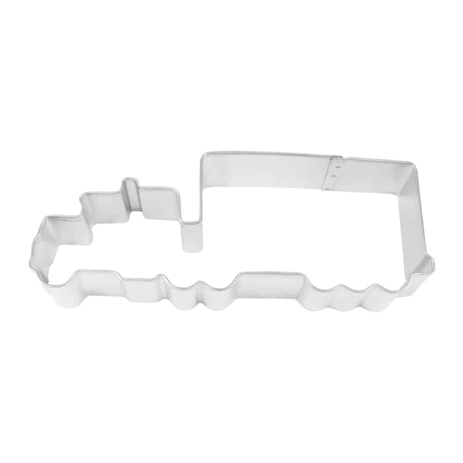 Metal semi-truck-shaped cookie cutter displayed against a white background.