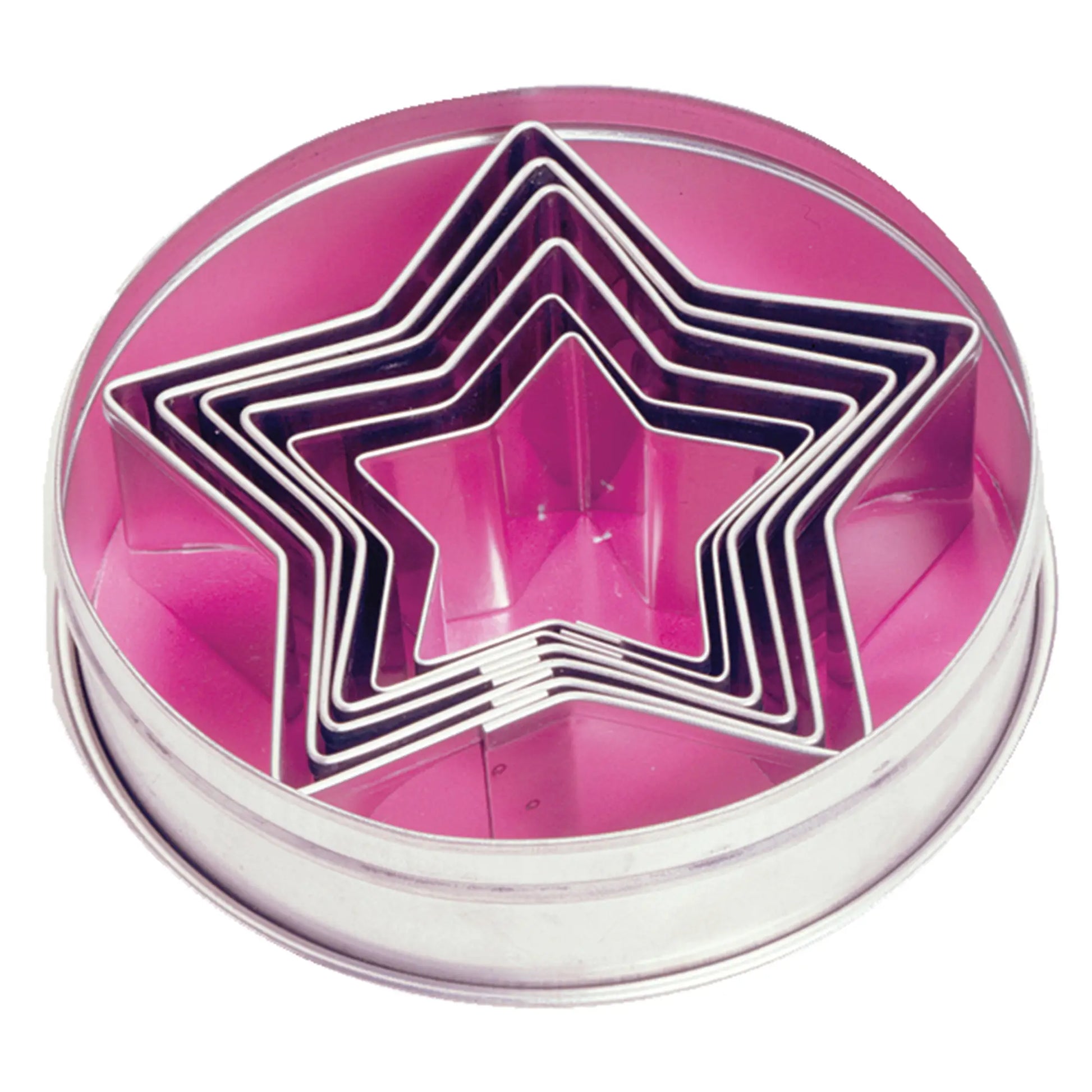 Set of six stainless steel star-shaped cookie cutters nested inside a round storage tin with a pink background.