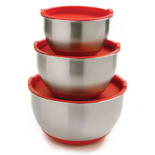 Set of three stainless steel mixing bowls with red lids, stacked on top of each other. Each bowl has a non-slip red base.