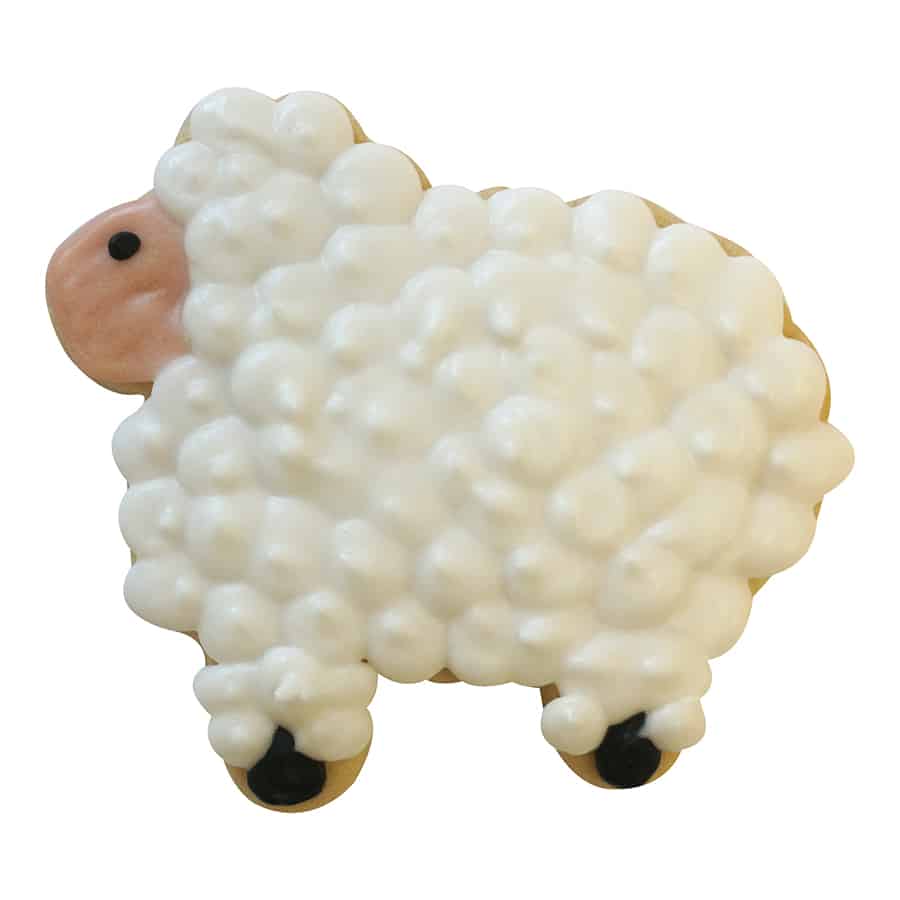 Decorated sheep cookie with textured white icing for fluffy wool and a soft pink face.