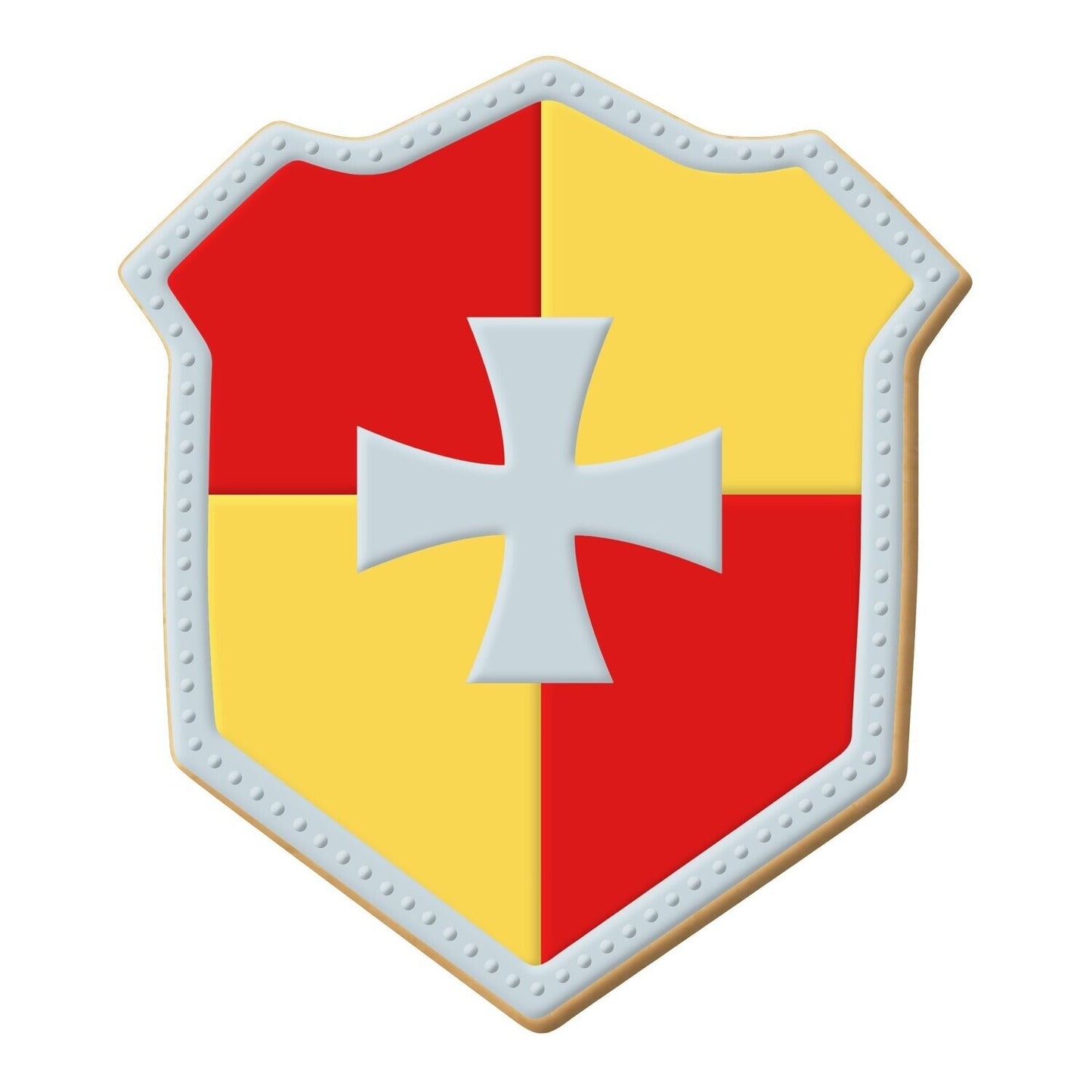 Medieval shield-shaped cookie decorated with red and yellow icing, featuring a silver cross emblem, made using a shield badge cookie cutter.