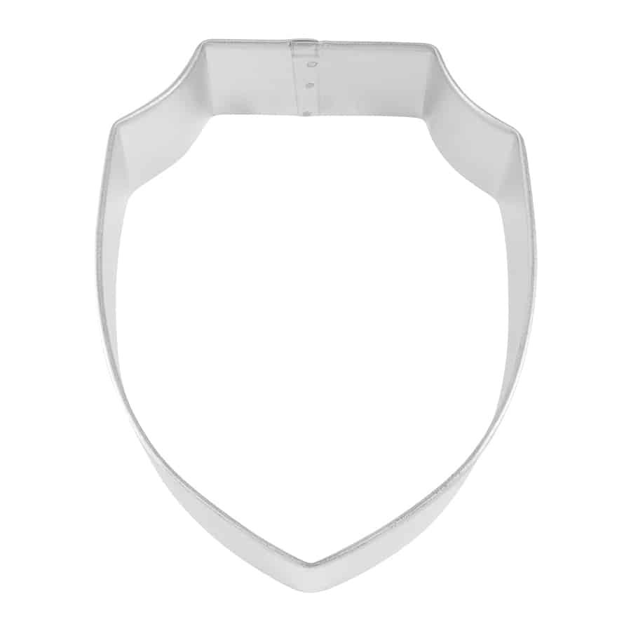 Shield-shaped metal cookie cutter, measuring 4 inches tall by 3 inches wide.