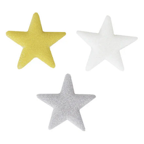 Three five-point shimmer star sugar decorations in gold, white, and silver on a white background.