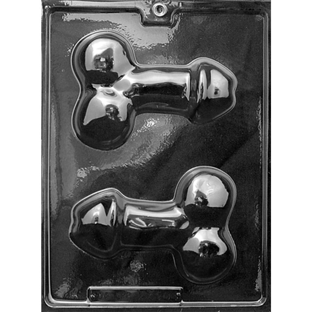 Clear plastic Short & Stubby Penis Chocolate Mold photographed against a dark background, featuring two large penis-shaped cavities with rounded testicles and molded anatomical details.