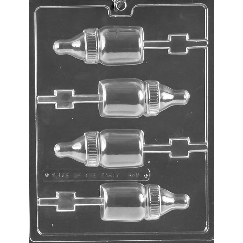 Clear plastic chocolate lollipop mold with four baby bottle cavities, each showing a bottle nipple, ribbed cap detail, and stick channel, photographed on a dark background.