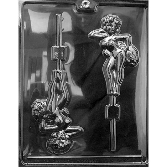 Clear Showgirl Chocolate Lollipop Mold photographed against a black background, featuring two showgirl-shaped cavities with costumes, feathered fans, and lollipop stick channels.