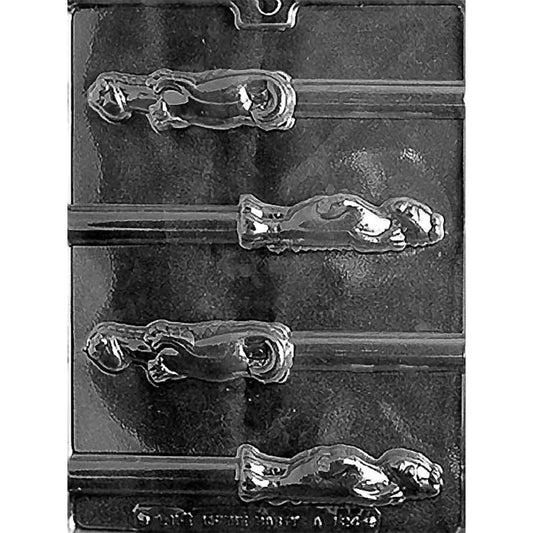 Clear plastic Silly Dinosaur Pretzel Rod Chocolate Mold with four cartoon dinosaur cavities and long channels for pretzel rods