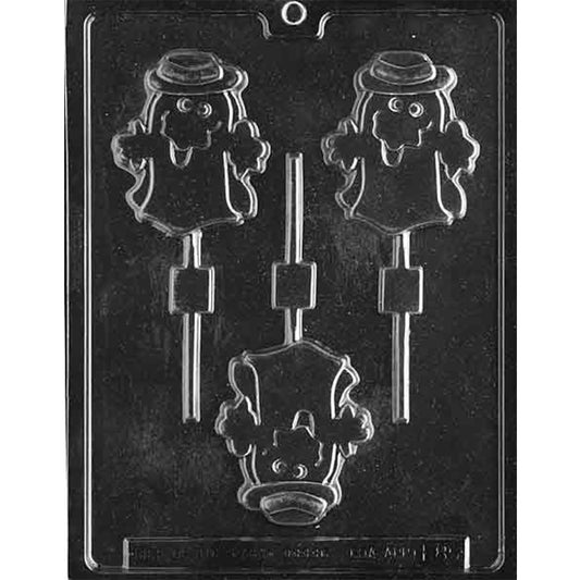 Clear Silly Ghost With Hat Chocolate Mold on a black background with 3 lollipop cavities shaped like smiling ghosts wearing tall hats.